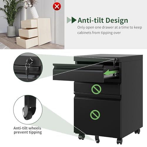 MIIIKO File Cabinet 3 Drawers on Wheels Under Desk, Black Metal Rolling File Cabinets with Lock for Home Office, Un-Assembled Filing Cabinet with Lock
