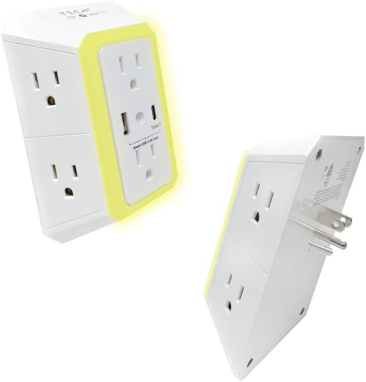 ONDOG 3 Sided Outlet Extender 6 Outlets with 2 USB Ports, Multi Plug Outlet Splitter for Home, Office