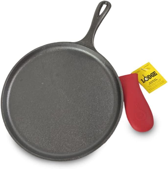 Lodge 10.5-inch Black Cast Iron Griddle with Red Silicone Handle