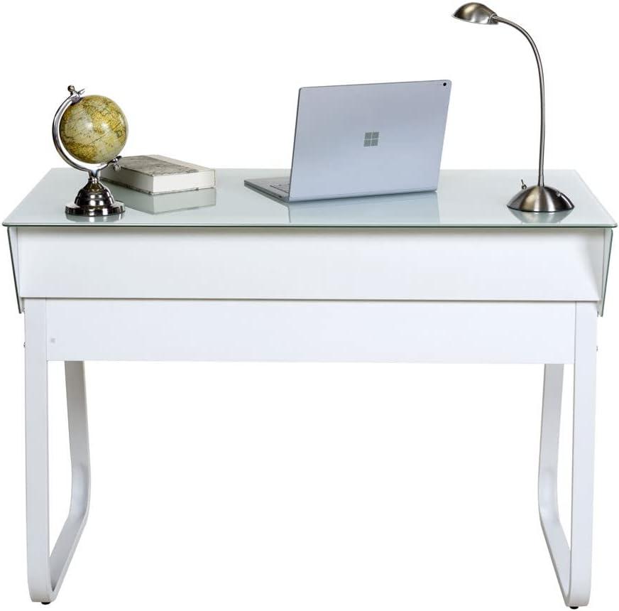 White Glass and Steel Computer Desk with Drawers and Keyboard Tray