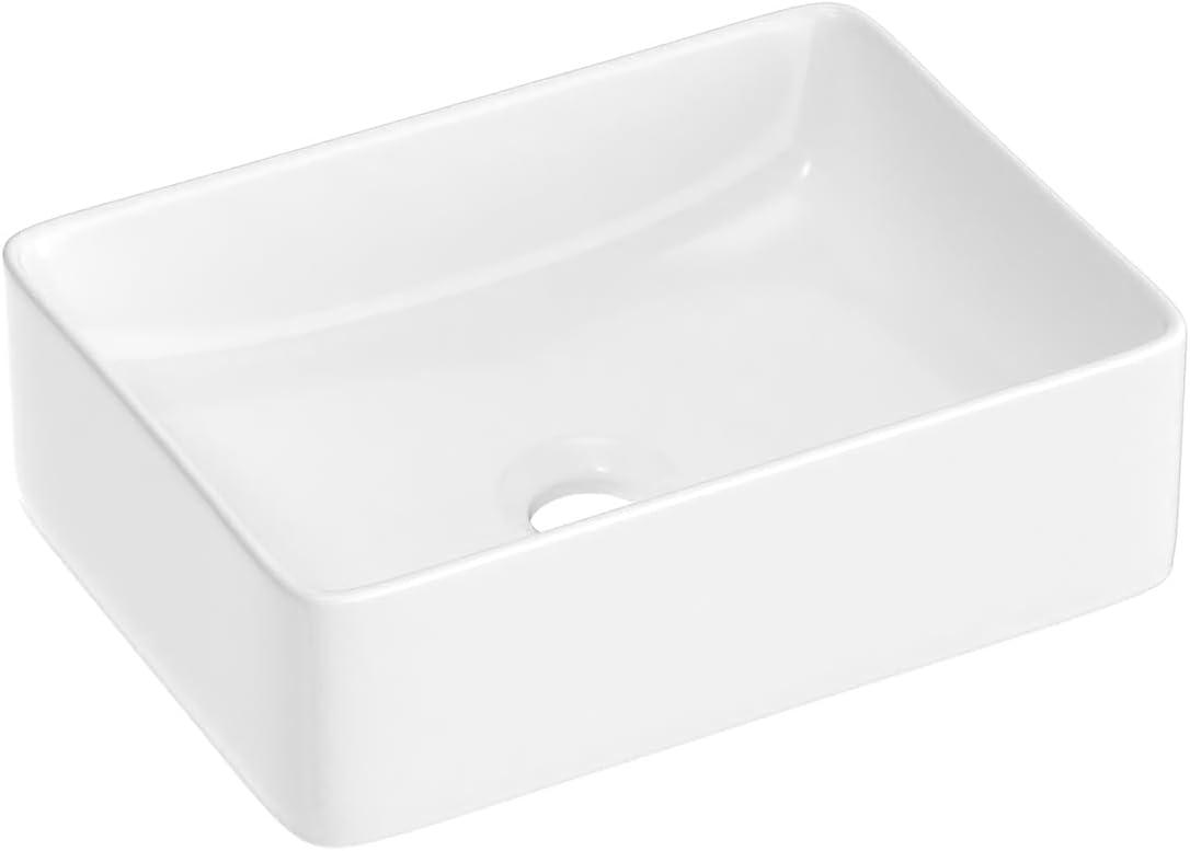 J-FAMILY 14.5'' x 10.6'' Bathroom Small Vessel Sink Above Counter White Porcelain Ceramic Sink Bowl Vanity Sink Lavatory Rectangular Wash Hand Basin