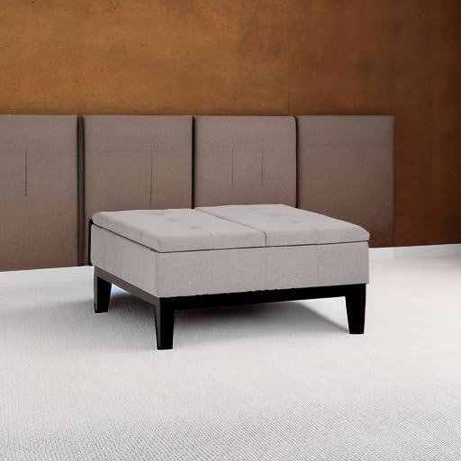 Simpli Home Dover 36"W Upholstered Square Coffee Table Storage Ottoman with Split Tufted Lift Top