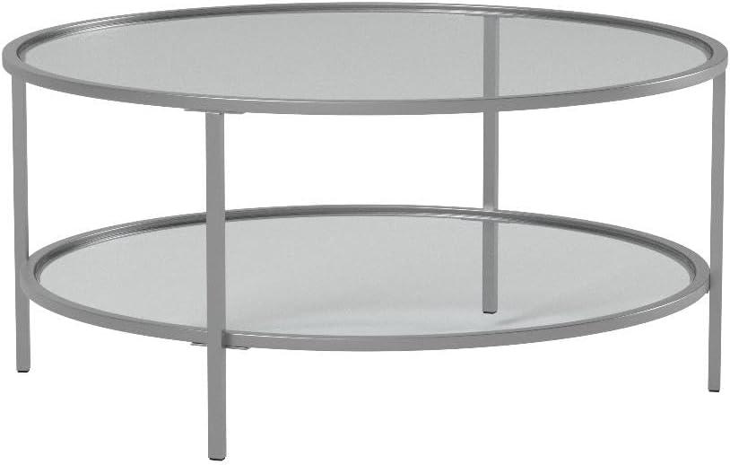 Evelyn&Zoe Sivil 36" Wide Round Coffee Table with Glass Top, Nickel