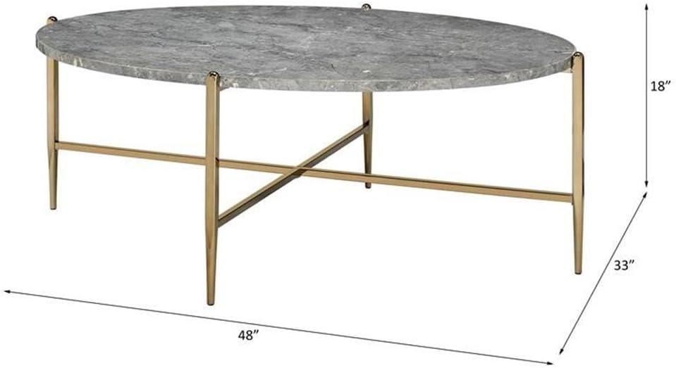 ACME Tainte Oval Faux Marble Top Coffee Table in Gray and Champagne