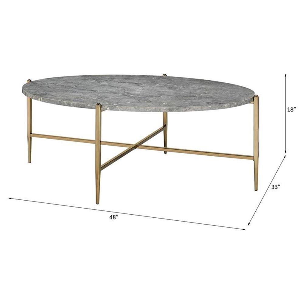 ACME Tainte Oval Faux Marble Top Coffee Table in Gray and Champagne