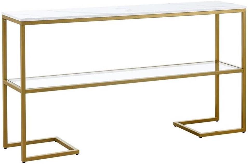 Errol 55" Gold Rectangular Console Table with Faux Marble and Glass Shelf