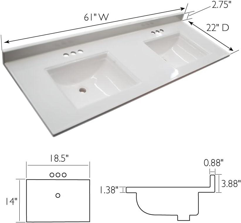 Design House 557678-WHT 61-inch Camilla Cultured Marble Centerset Mount Rectangle Double Bowl Vanity Top with Integrated Backsplash, Solid White