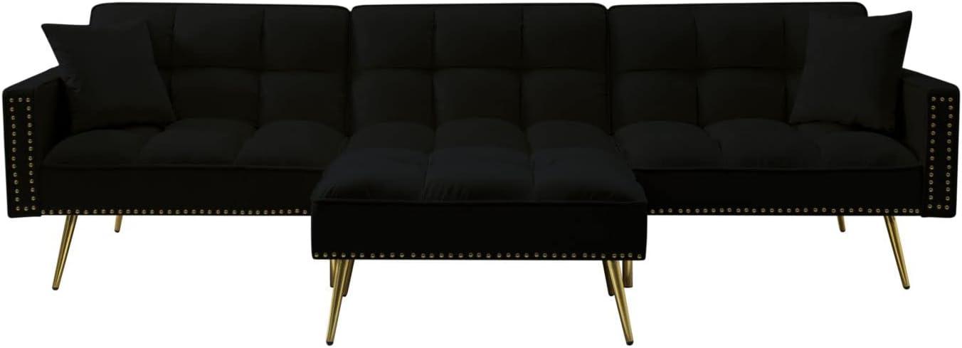 Eafurn Velvet Upholstery Convertible Sleeper Sofa Bed with Reversible Chaise,L Shaped Sectional Couch w/Reclining Backrest and 2 Pillows,Comfy Corner Sofa & Coues for Living Room Furniture Sets