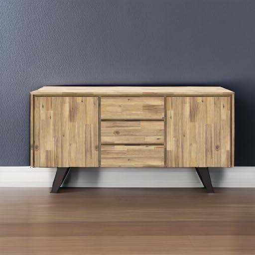 Simpli Home Lowry 60"W Solid Wood Modern Industrial 2-Door Sideboard Buffet with 3 Center Drawers