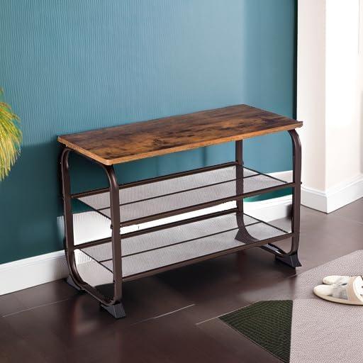 Rustic Brown Steel Frame 3-Tier Shoe Bench with Storage