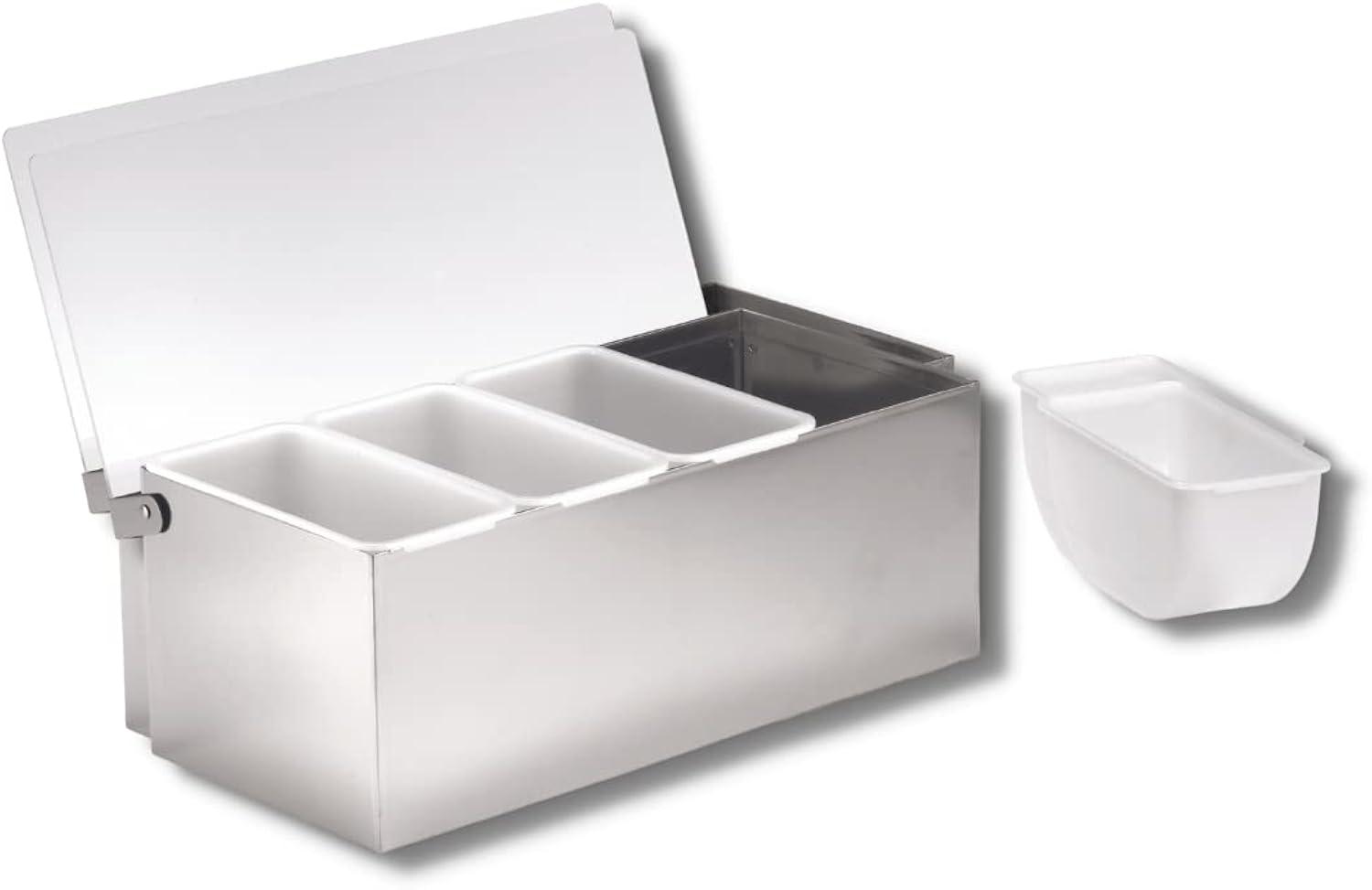 Silver Stainless Steel 4-Compartment Condiment Holder with Acrylic Lid