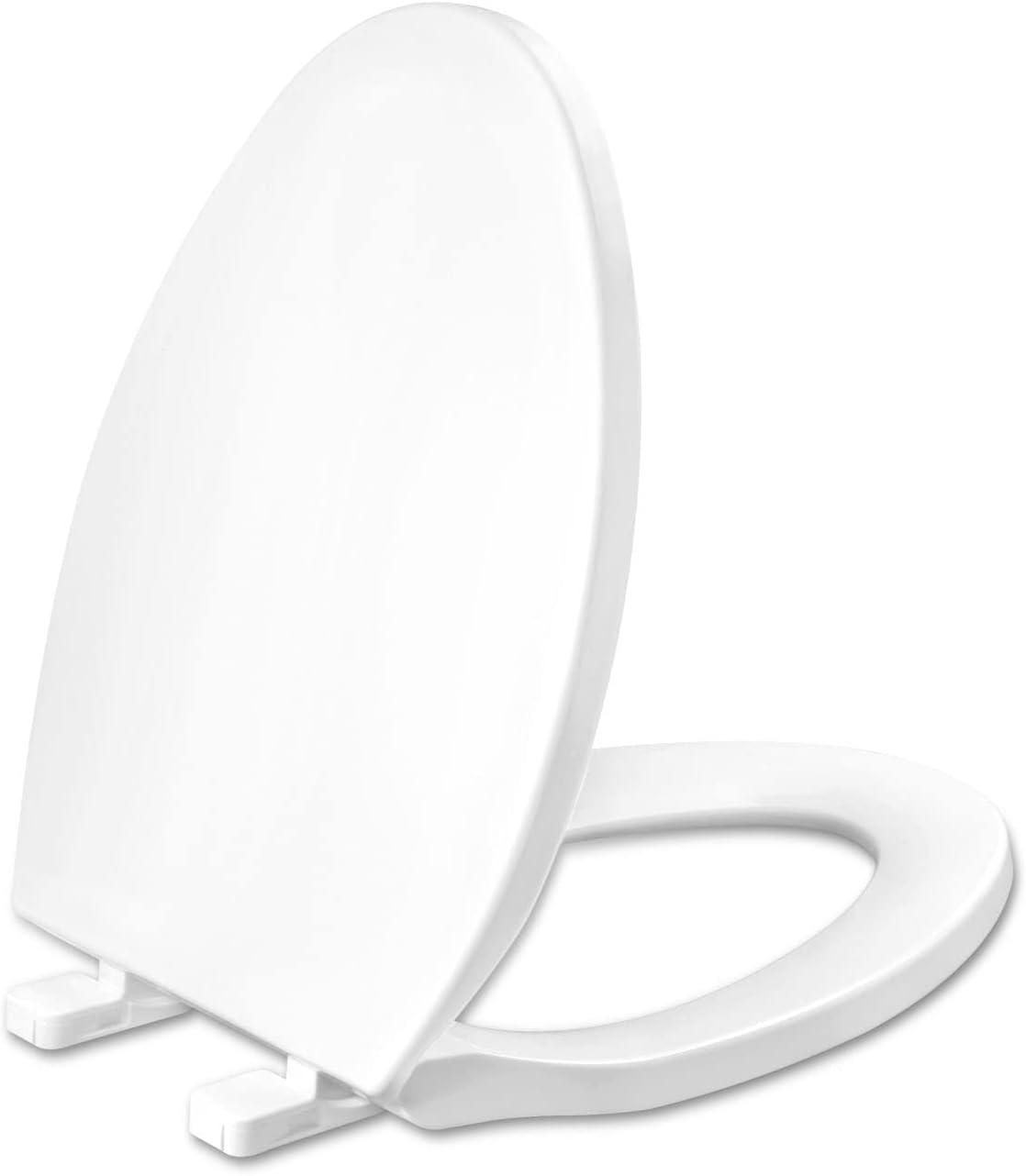 White Elongated Plastic Toilet Seat with Chrome Hinges