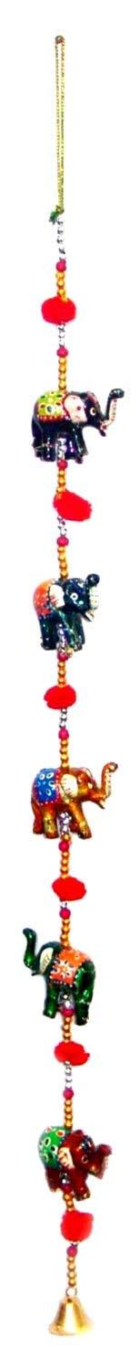 Rastogi Handicrafts Decorative Hanging Five Hand Painted Multi Color Resin Elephant with Beads and Brass Bell Size-76 cm