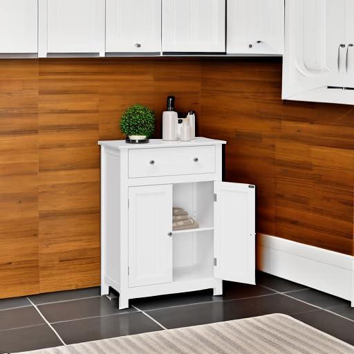 Tangkula Bathroom Storage Cabinet Free Standing Large Drawer W/Adjustable Shelf White