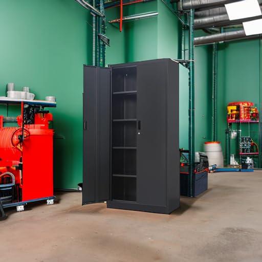 Metal Storage Cabinet, Locking Storage Cabinet with 5 Adjustable Shelves, Metal Cabinets for Garage, Office, Home, Classroom- Black