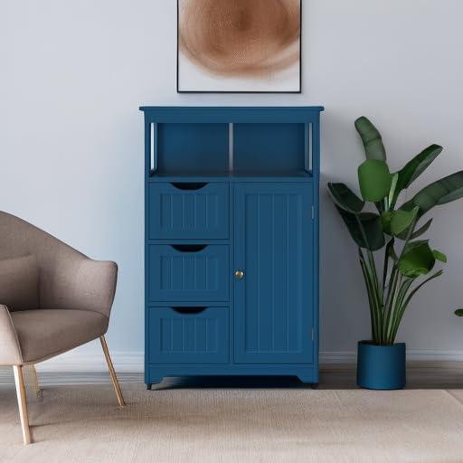 Topeakmart Wood Bathroom Floor Cabinet, Free Standing Storage Cabinet with 3 Drawers and Cupboard for Hallway/Entryway/Living Room Accent Furniture, Navy Blue