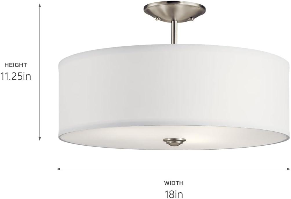 Shailene 18" 3 Light Round Semi Flush with Satin Etched White Diffuser and White Microfiber Shade in Brushed Nickel