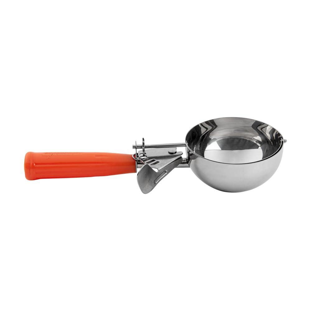 Restaurantware Met Lux 8 Ounce Portion Scoop 1 Durable Disher Scoop - Thumb Trigger Orange Stainless Steel Ice cream Disher For Portion Control For Ice Cream Mashed Potato And Cookie Batter