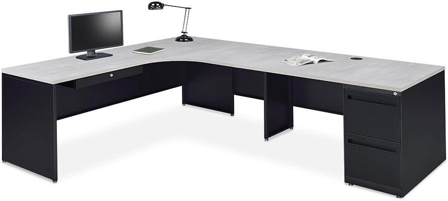 Oak and Black L-Shaped Executive Desk with Filing Cabinet