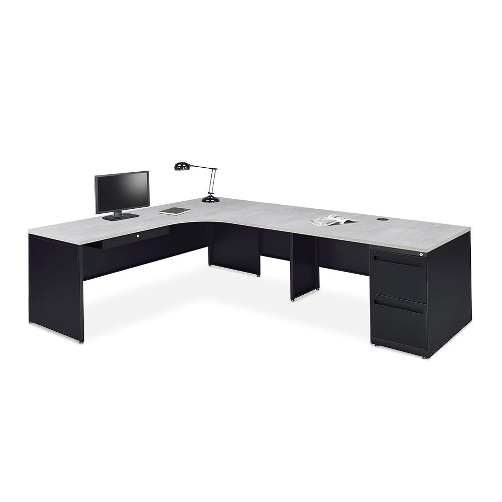 Oak and Black L-Shaped Executive Desk with Filing Cabinet