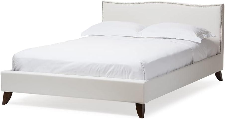 Baxton Studio Queen Battersby Modern Bed with Upholstered Headboard White : Platform Design, No Box Spring Needed, Wood Composite Frame