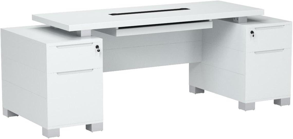 White Wood Executive Desk with Drawers and Keyboard Tray