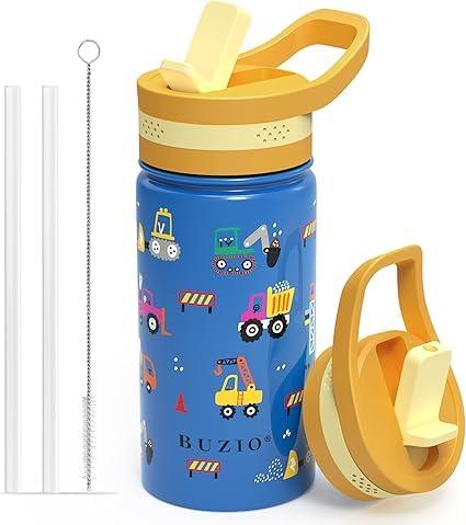Buzio Insulated Water Bottle with Straw for Kids, 2 Lids Double Vacuum Metal Water Bottle, 14 Ounce, Blue Shark