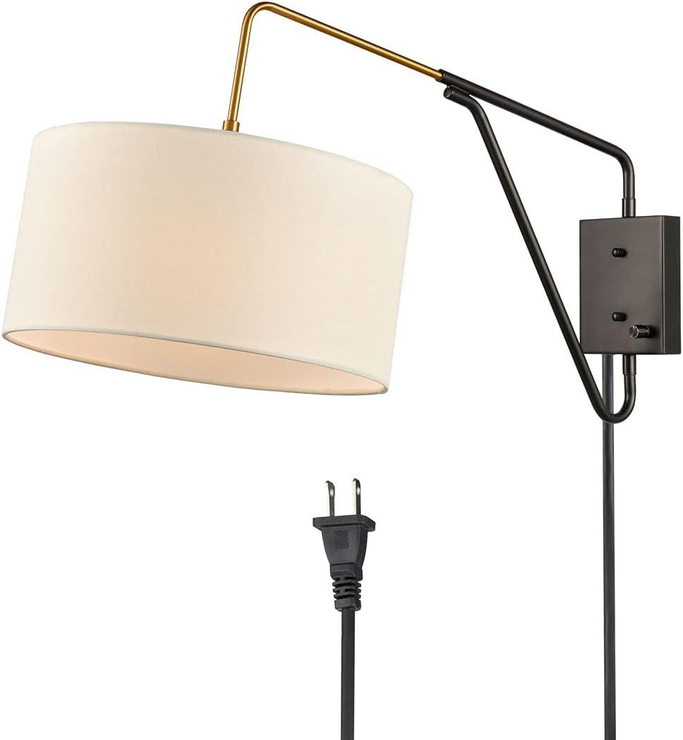 Claxy Black Plug in Wall Sconce Swing Arm Wall Lamp with Drum Fabric Shade