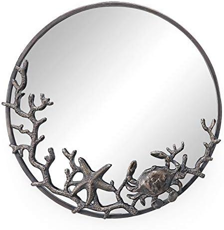 SPI Home Starfish and Crab Wall Mirror – 22" Round Cast Iron Frame with Coastal Marine Design, Rustic Bronze Sea Life Decor