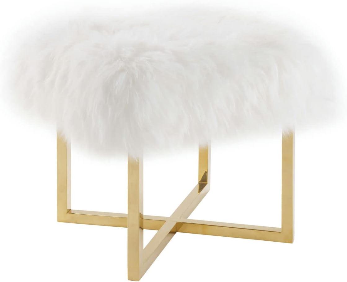 White Sheepskin Upholstered Bench with Gold Stainless Steel Frame