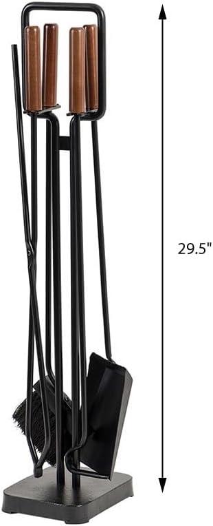 Modern Black Steel 5-Piece Fireplace Tool Set with Maple Handles