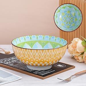 AHX arge Ceramic Serving Bowl Set - 8-InchColorful Porcelain Pasta Bowls - Perfect for Salad, Soup, Noodle, Ramen - Microwave and Dishwasher Safe - 57 oz (1400 ml)