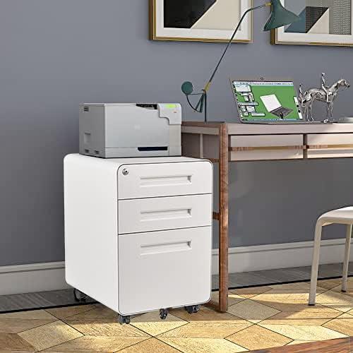 3 Drawer File Cabinet with Lock,Under Desk File Cabinet,White Rolling File Cabinet,Three Drawer Filing Cabinet for Home Office with Wheels,Fit A4/Letter/Legal File,Fully Assembled Except Casters