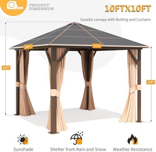 JolyDale 10 ft. x 10 ft. Patio Hardtop Gazebo, Outdoor Aluminum Frame Canopy with Netting and Curtain for Garden, Patio, Lawns, Brown