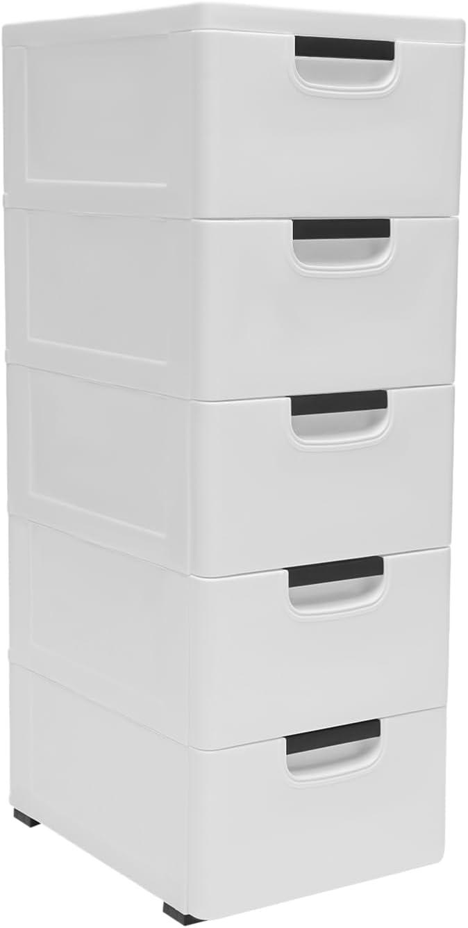 Aiqidi 5 Plastic Drawers Dresser, 5 Layers Vertical Stackable Storage Cabinet Bedroom Tower Closet Organizer w/4 Wheels (White)