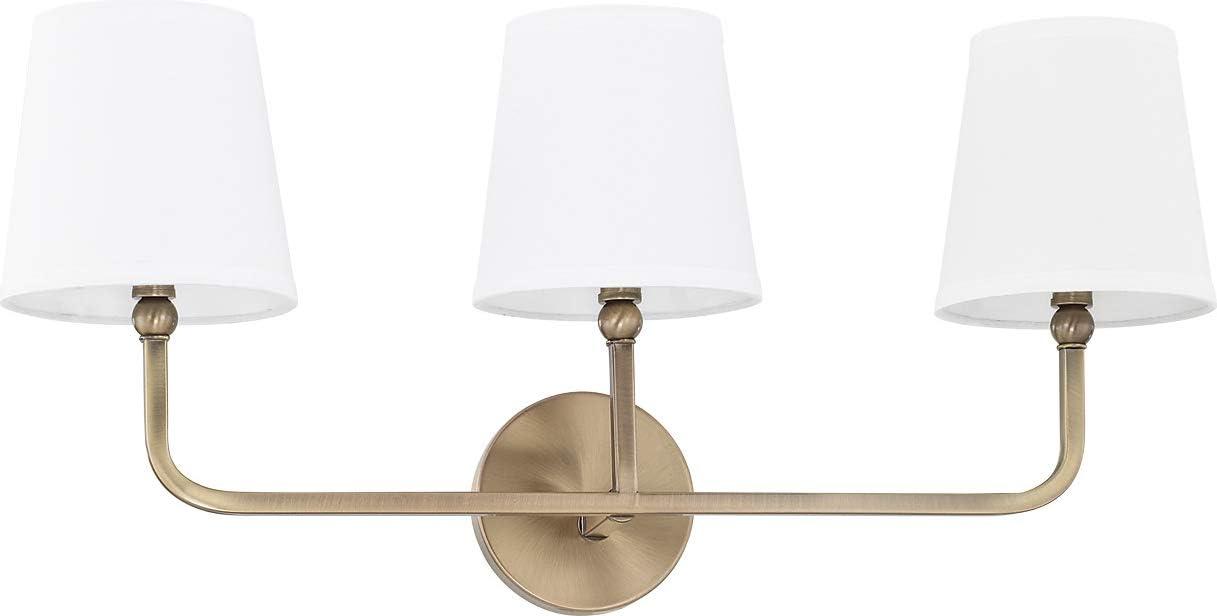 Dawson Aged Brass 3-Light Vanity with White Fabric Shades