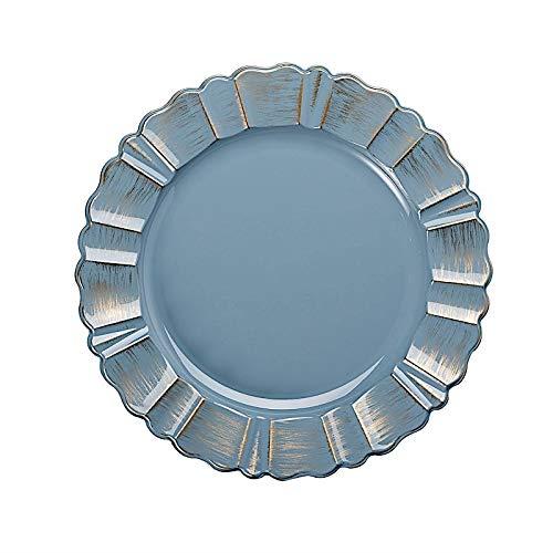 BalsaCircle 6 Dusty Blue Gold 13" Acrylic Wooden Textured Round Scalloped Trim Plastic Charger Plates