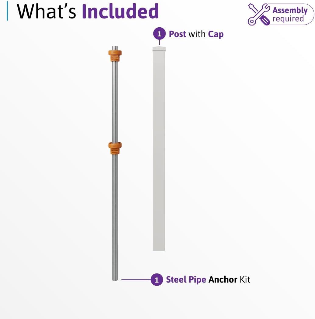 WamBam No-Dig Fence 5ft H (1 Fence Post) No Dig WamBam Windsor Finishing Post with Steel Pipe Anchor Kit, Permanent White Vinyl Post for Windsor Fence Panels and Gate Kit, Perfect for Yard, Pool or Dog Fence BL19109
