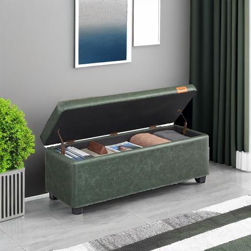 Forest Green Synthetic Leather Storage Ottoman Bench with Stitching