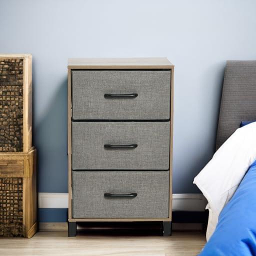 Household Essentials Dresser Nightstand Chest of Drawers Ashwood Rustic Wood Grain with 3 Grey Strorage Drawers