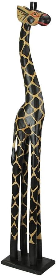 Hand-Carved 36-Inch Tall Black and Beige Wooden Giraffe Statue