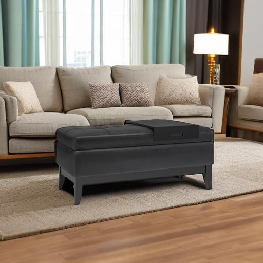 Simpli Home Oregon 42" Wd. Storage Ottoman Bench with Tray in Distressed Black