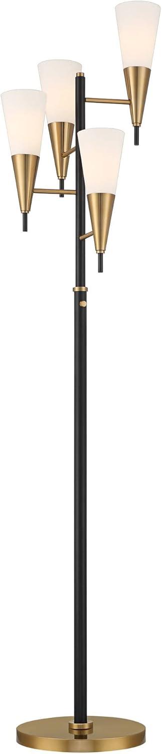 Possini Euro Design Quatro Mid Century Modern Tree Floor Lamp 71" Tall Black Gold Metal 4 Light Frosted Glass Cone Shade for Living Room Bedroom House