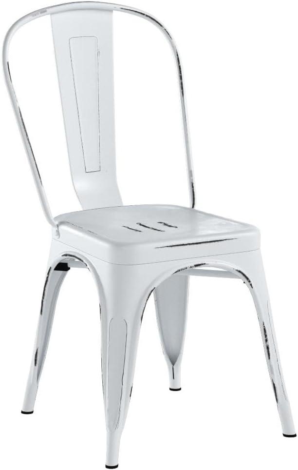 Furmax Metal Dining Chair Indoor Outdoor Use Stackable Chic Side Classic Trattoria Metal Chairs Set of 4 for Kitchen, Dining Room, Bistro and Cafe (Distressed White)