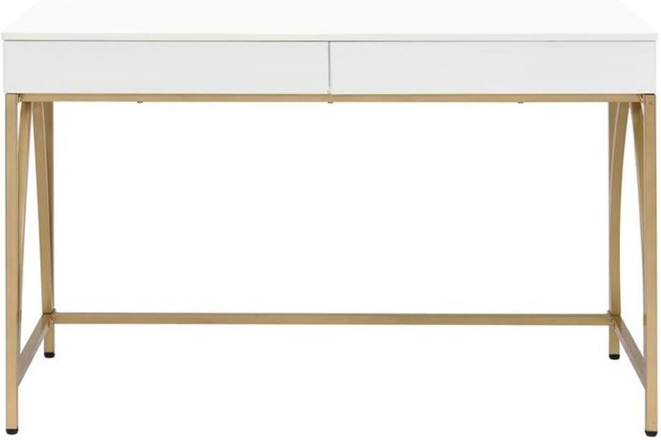 Light Mane Desk White High Gloss/Gold - Acme Furniture: 31" H, 2 Drawers, Metal Frame, 47" W