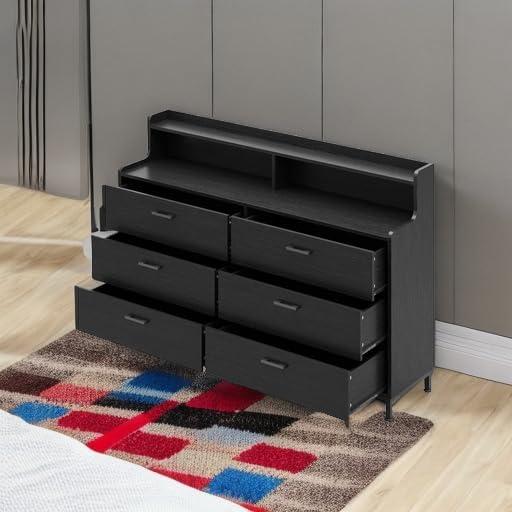 Afuhokles 6 Drawers Double Dresser with Shelves, Large Wooden Storage Tower Organizer, Wide Chest of Drawers, Black Dresser for Bedroom