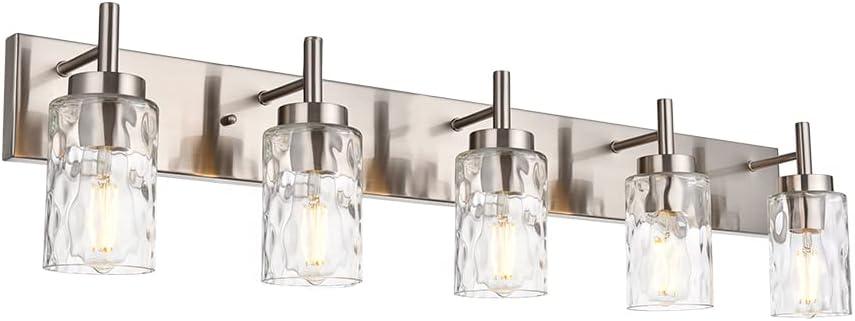 BONLICHT Transitional Vanity Lighting Fixtures Brushed Nickel with Clear Hammered Glass Shade,Farmhouse 5 Light Bathroom Lights Wall Sconces Contemporary Indoor Wall Mount Lights for Kitchen Sink