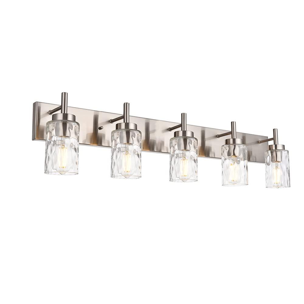 BONLICHT Transitional Vanity Lighting Fixtures Brushed Nickel with Clear Hammered Glass Shade,Farmhouse 5 Light Bathroom Lights Wall Sconces Contemporary Indoor Wall Mount Lights for Kitchen Sink
