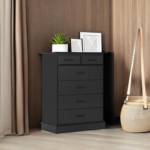 Black Dresser for Bedroom, 6 Drawers Dresser Wood Storage Tower Clothes Organizer, Chest of 6 Drawers, Large Capacity Storage Cabinet, Tall Dresser for Bedroom, Hallway, Entryway