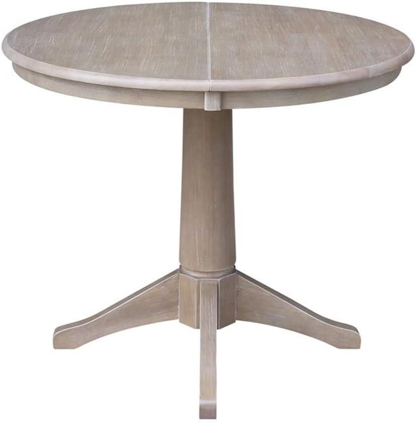 36" Magnolia Round Top Dining Table with 12" Leaf Washed Gray Taupe - International Concepts: Hardwood Pedestal Base, Seats 4